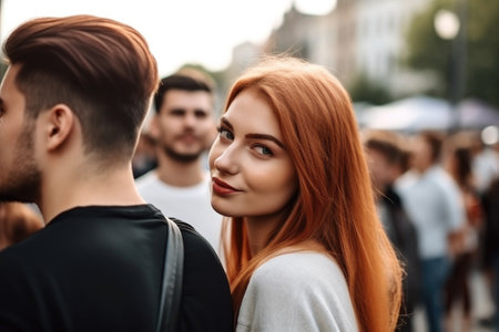 shot of an attractive young woman leaning on her boyfriend while standing in a crowd, created with generative aiの素材