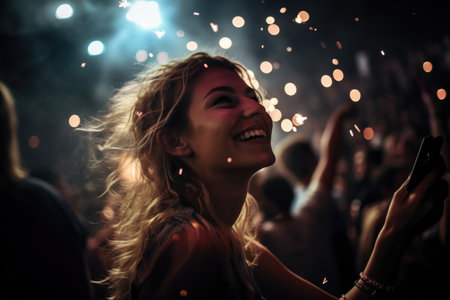 shot of a group of friends dancing during a live music performance, created with generative aiの素材