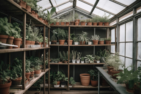 cropped shot of an empty shelf in a greenhouse, created with generative aiの素材