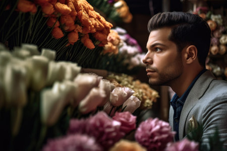cropped shot of a florist looking at his stock, created with generative aiの素材