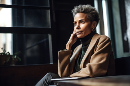 shot of a woman sitting and using her smartphone to make a call, created with generative aiの素材