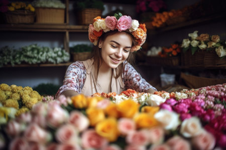 cropped image of a happy female florist working at her store, created with generative aiの素材