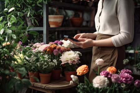 cropped shot of a florist using her phone to send a text message, created with generative aiの素材