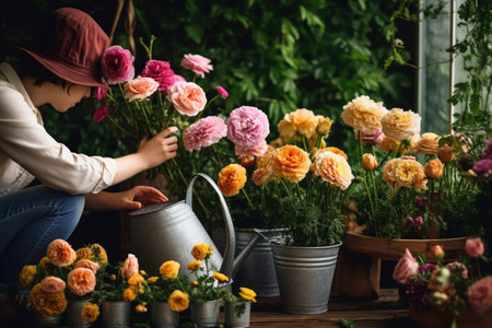 cropped shot of a florist watering plants, created with generative aiの素材