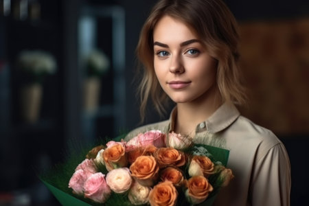 cropped portrait of an attractive female florist holding a bouquet, created with generative aiの素材