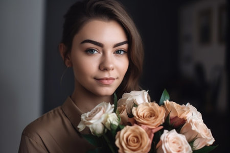cropped portrait of an attractive female florist holding a bouquet, created with generative aiの素材