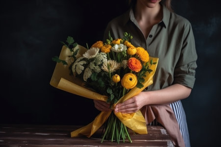 cropped shot of a woman holding an arrangement of flowers that is wrapped in paper, created with generative aiの素材