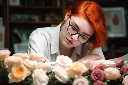 cropped shot of a tired young florist looking at some paperwork, created with generative aiの素材