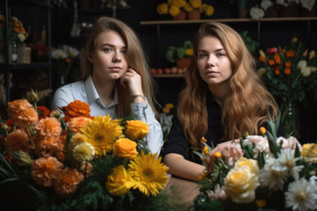 portrait of two young women working in a flower shop, created with generative aiの素材