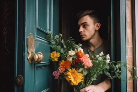 cropped shot of a young man carring flowers in through the front door, created with generative aiの素材