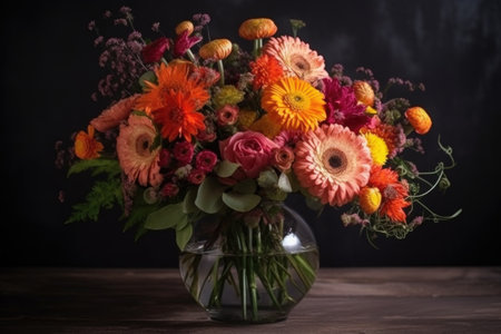 high angle shot of a beautiful bouquet of flowers in a vase, created with generative aiの素材