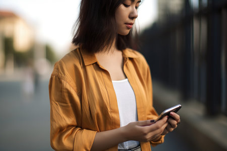 cropped shot of a woman holding her phone while standing outside, created with generative aiの素材