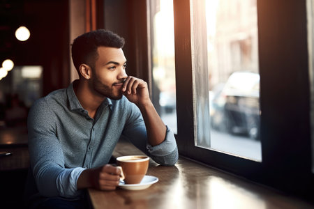 shot of a relaxed young man enjoying a coffee break at his favorite cafe, created with generative aiの素材