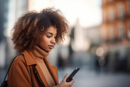 cropped shot of a young woman using her mobile phone outside, created with generative aiの素材
