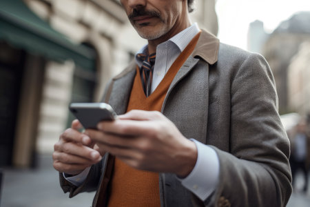 cropped image of a business owner using his phone outside, created with generative aiの素材