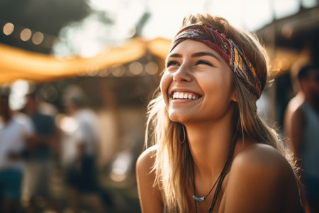 shot of a young woman enjoying herself at an outdoor festival, created with generative aiの素材