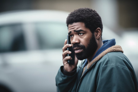 shot of a man using his phone to call for help, created with generative aiの素材