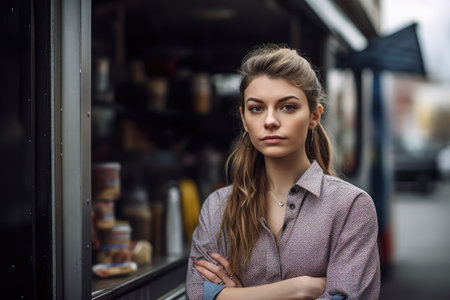 shot of a young woman standing in front of a food truck, created with generative aiの素材