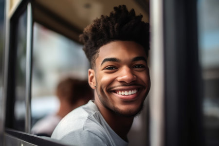 shot of a happy young man at his food truck, created with generative aiの素材