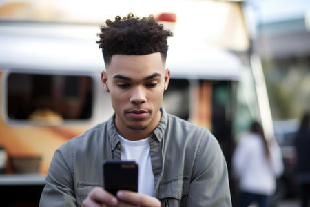 cropped shot of a young man using his smartphone in front of a food truck, created with generative aiの素材
