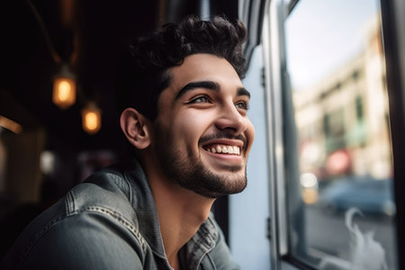 shot of a happy young man at his food truck, created with generative aiの素材