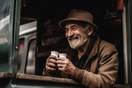 shot of a man enjoying a coffee from a coffee truck, created with generative aiの素材