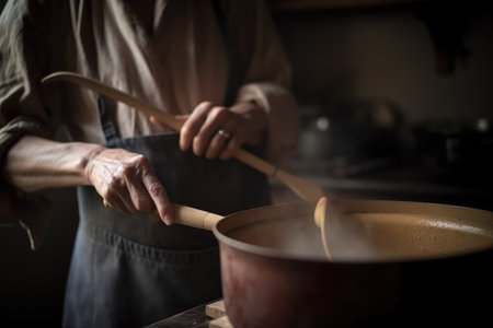 closeup shot of an unrecognisable woman holding a wooden spoon and stirring a pot in her kitchen, created with generative aiの素材