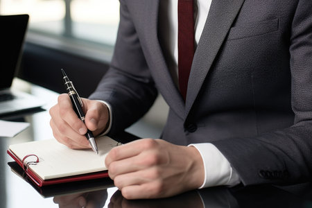 cropped shot of a businessman taking down orders in his notebook, created with generative aiの素材