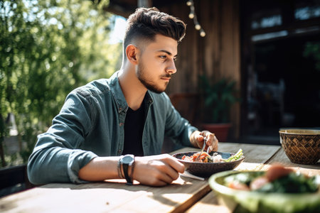 shot of a young man enjoying lunch outdoors, created with generative aiの素材