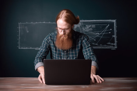 cropped shot of a man using his laptop while standing in front of a blackboard, created with generative aiの素材