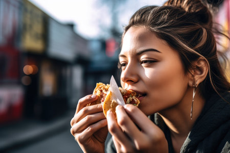 shot of a young woman eating tacos at a food truck, created with generative aiの素材