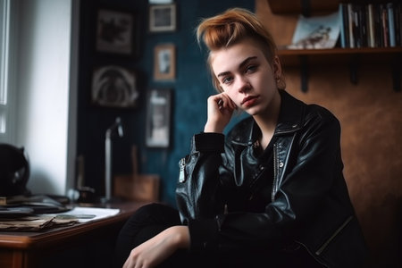gender neutral, fashion and portrait of a teenager at home with a casual style, trendy clothes and punk aesthetic, created with generative aiの素材