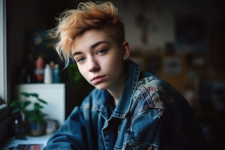gender neutral, fashion and portrait of a teenager at home with a casual style, trendy clothes and punk aesthetic, created with generative aiの素材
