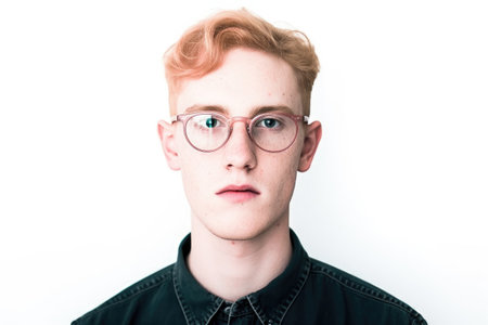 gender neutral, fashion and portrait of a person with glasses isolated on a white background in studio, created with generative aiの素材