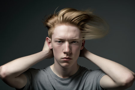 studio shot of a gender neutral young person holding their hair isolated on gray, created with generative aiの素材