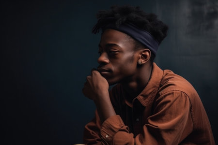 skater boy, music and thinking portrait of black person with skateboard in a studio, created with generative aiの素材