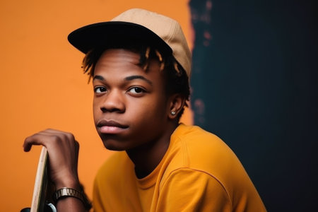 skater boy, music and thinking portrait of black person with skateboard in a studio, created with generative aiの素材