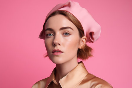 gender neutral, fashion and portrait of a person with pink background space in creative mindset, created with generative aiの素材