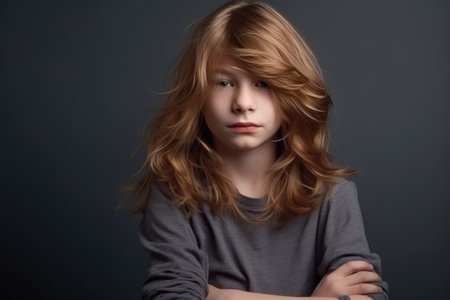 hair, fashion and portrait of a boy with long locks in a studio on a gray background, created with generative aiの素材