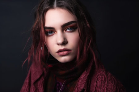 gender neutral fashion, face portrait and cool style with creative makeup and trendy aesthetic, created with generative aiの素材