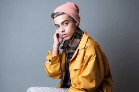 gender neutral, fashion and portrait of a young person with trendy aesthetic clothes in studio, created with generative aiの素材