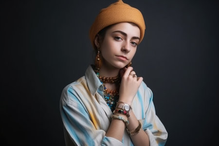 gender neutral, fashion and portrait of a young person with trendy aesthetic clothes in studio, created with generative aiの素材