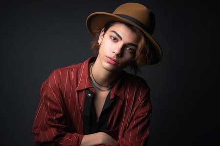 gender neutral, fashion and portrait of a young person with trendy aesthetic clothes in studio, created with generative aiの素材