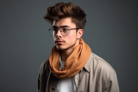 fashion, young person and portrait in a studio for clothes, trendy and casual style, created with generative aiの素材