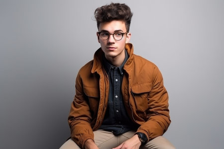 fashion, young person and portrait in a studio for clothes, trendy and casual style, created with generative aiの素材