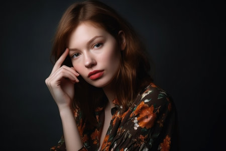 cute person, model and hand on face with studio background for fashion or style, created with generative aiの素材