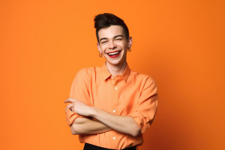genderqueer person, fashion and freedom of clothing with a smile against an orange background, created with generative aiの素材