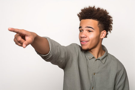 mixed race young person pointing over a gray background, created with generative aiの素材