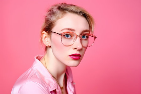 fashion, hipster and portrait of woman with glasses isolated on a pink background in a studio, created with generative aiの素材