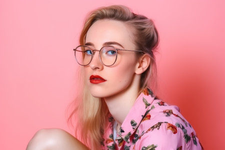 fashion, hipster and portrait of woman with glasses isolated on a pink background in a studio, created with generative aiの素材